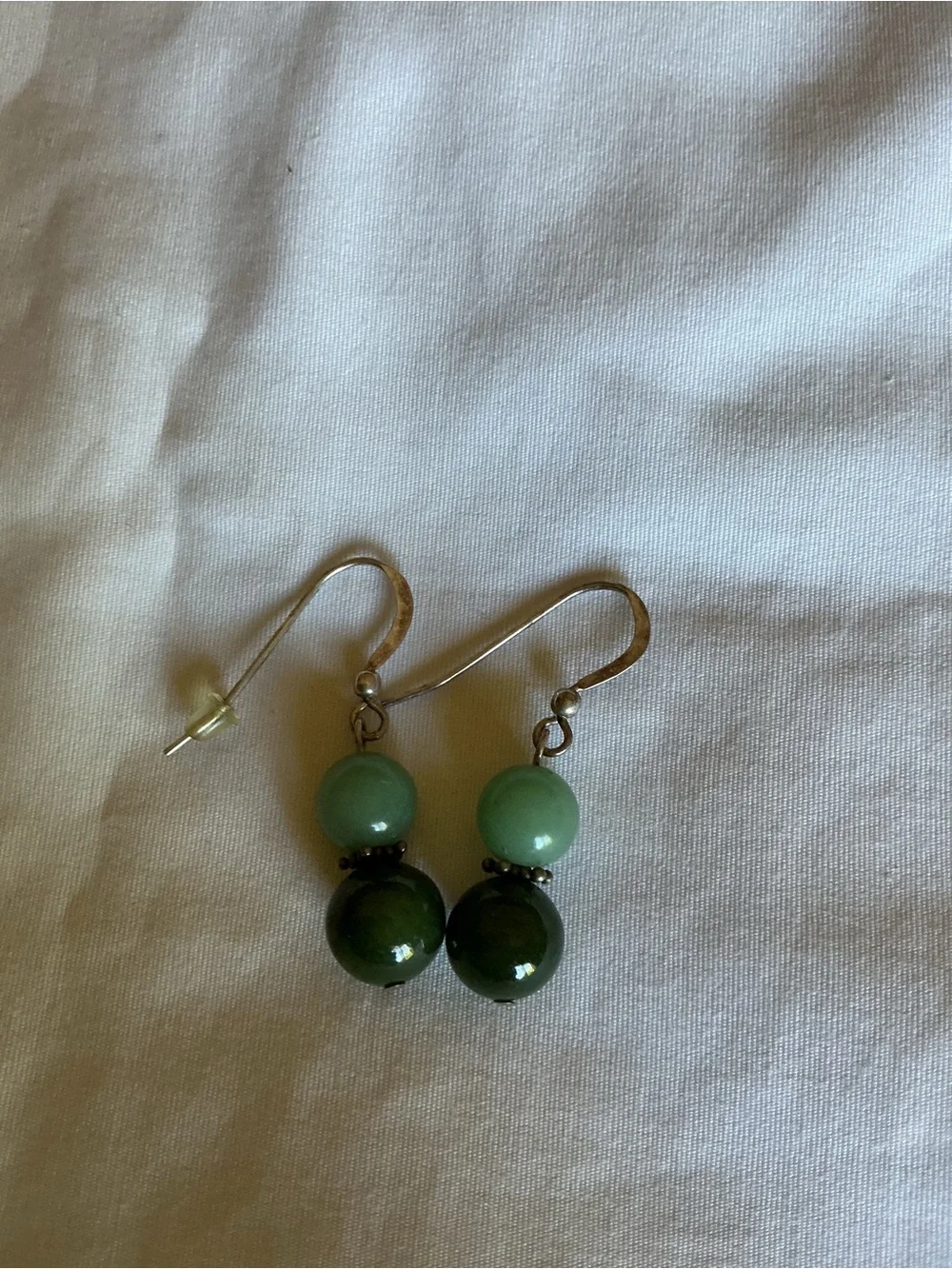 Nephrite Jade Drop earrings w/ Silver Tone Bead - Picture 2 of 2
